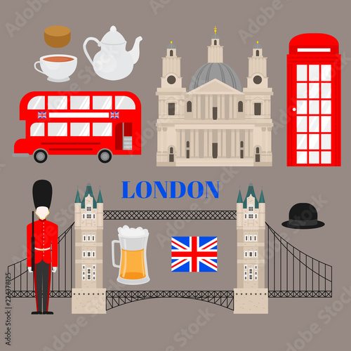 Flat United Kingdom, London travel icon landmark traditional food. Great Britain travel vacation sightseeing