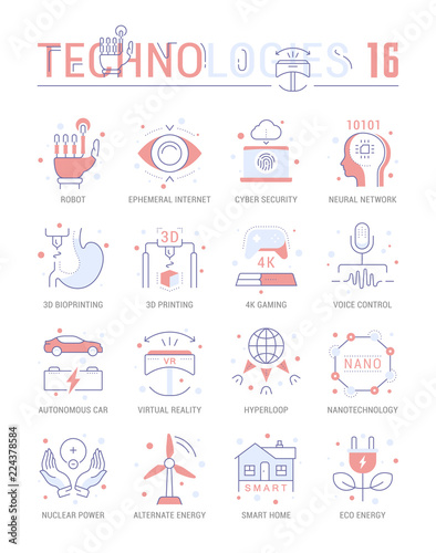 Set Vector Line Flat Icons of Future Technologies.