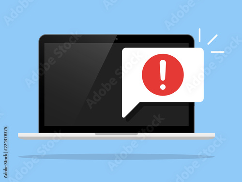Laptop with envelope and document with exclamation point on screen. Receive notification, alert message, warning, get e-mail, email, spam concepts. Flat design vector illustration