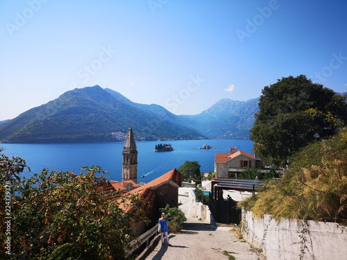 Scenic Sea and Mountain Views from Our Lady of the Rocks in Perast Montenegro Europe