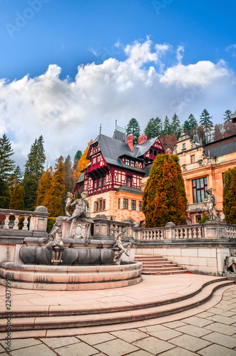 Beautiful Peles Castle in Sinaia, Carpathian Mountains, Romania, Europe.