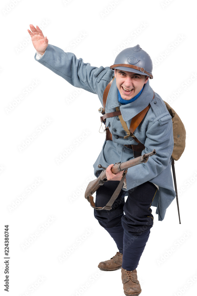 French soldier 1914 1918 attack, November 11th on white background French soldier 1914 1918 attack, November 11th on white background