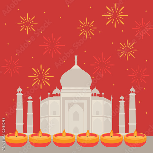 Hindu holiday greeting card with indian elements. Light festival of India Happy Diwali. Taj Mahal Temple Landmark in Agra with fireworks