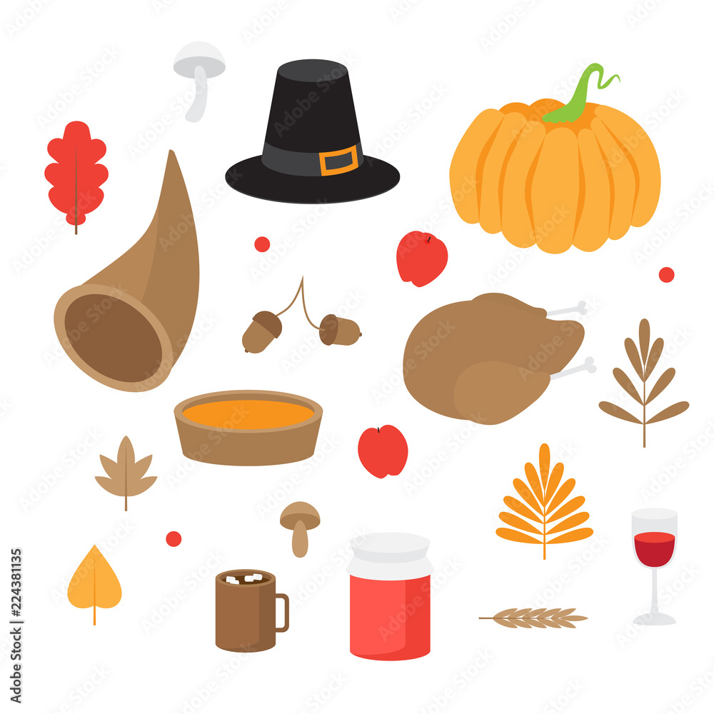 Autumn leaves, mushrooms and acorns, fall nature. Happy Thanksgiving Day set. Pumpkin pie, Turkey and Horn