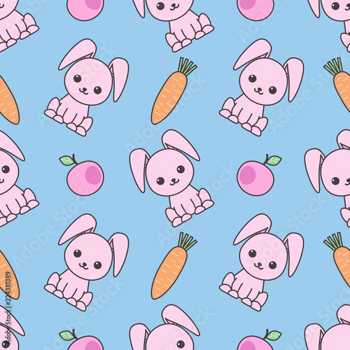 Cute seamless pattern with cartoon funny rabbits. Childish background. Vector kawaii illustration.