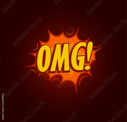 Boom OMG speach balloon, explosive sale baner, abstract isolated vector illustration on black background.