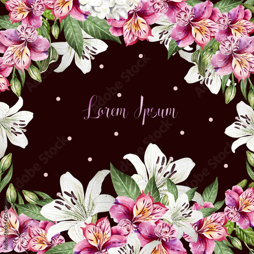 Beautiful watercolor wedding card with leaves and flowers of lily and alstroe...