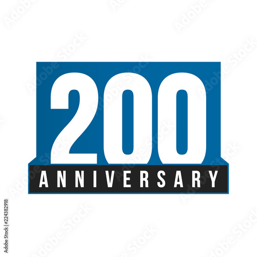 200th Anniversary vector icon. Birthday logo template. Greeting card design element. Simple business anniversary emblem. Blue strict style number. Isolated vector illustration on white background.