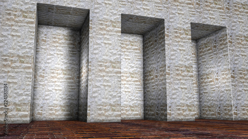 Photography three stone niches in the wall. 3D rendering