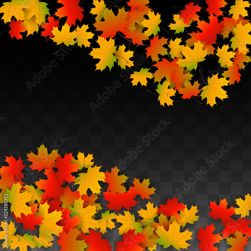 September Vector Background with Golden Falling Leaves. Autumn Illustration with Maple Red, Orange, Yellow Foliage. Isolated Leaf on Transparent Background. Bright Swirl. Suitable for Posters.
