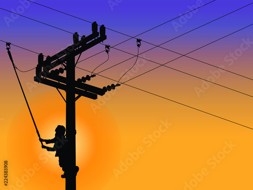 Silhouette power linesman climb the pole and using clamp stick grip all type (isolated tool) closing a circuit. It's a dangerous job. Must be trained.