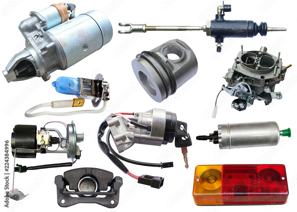 Auto spare parts car on the white background. Set with many isolated items for shop or aftermarket Auto spare parts car on the white background. Set with many isolated items for shop or aftermarket