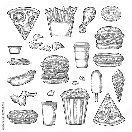 Set fast food. Coffee, hamburger, pizza, hotdog, fry potato, popcorn