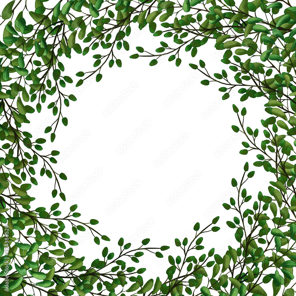 Exotic set of Green leaves, herbs and branches. Border frame template on white background. Place for text .