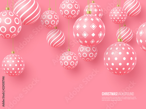 Christmas pink baubles with geometric pattern. 3d realistic style, abstract holiday background. Vector illustration.