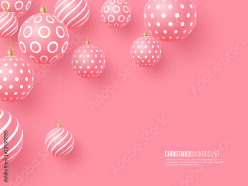 Christmas pink baubles with geometric pattern. 3d realistic style, abstract holiday background. Vector illustration.