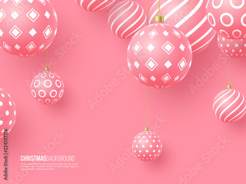 Christmas pink baubles with geometric pattern. 3d realistic style, abstract holiday background. Vector illustration.