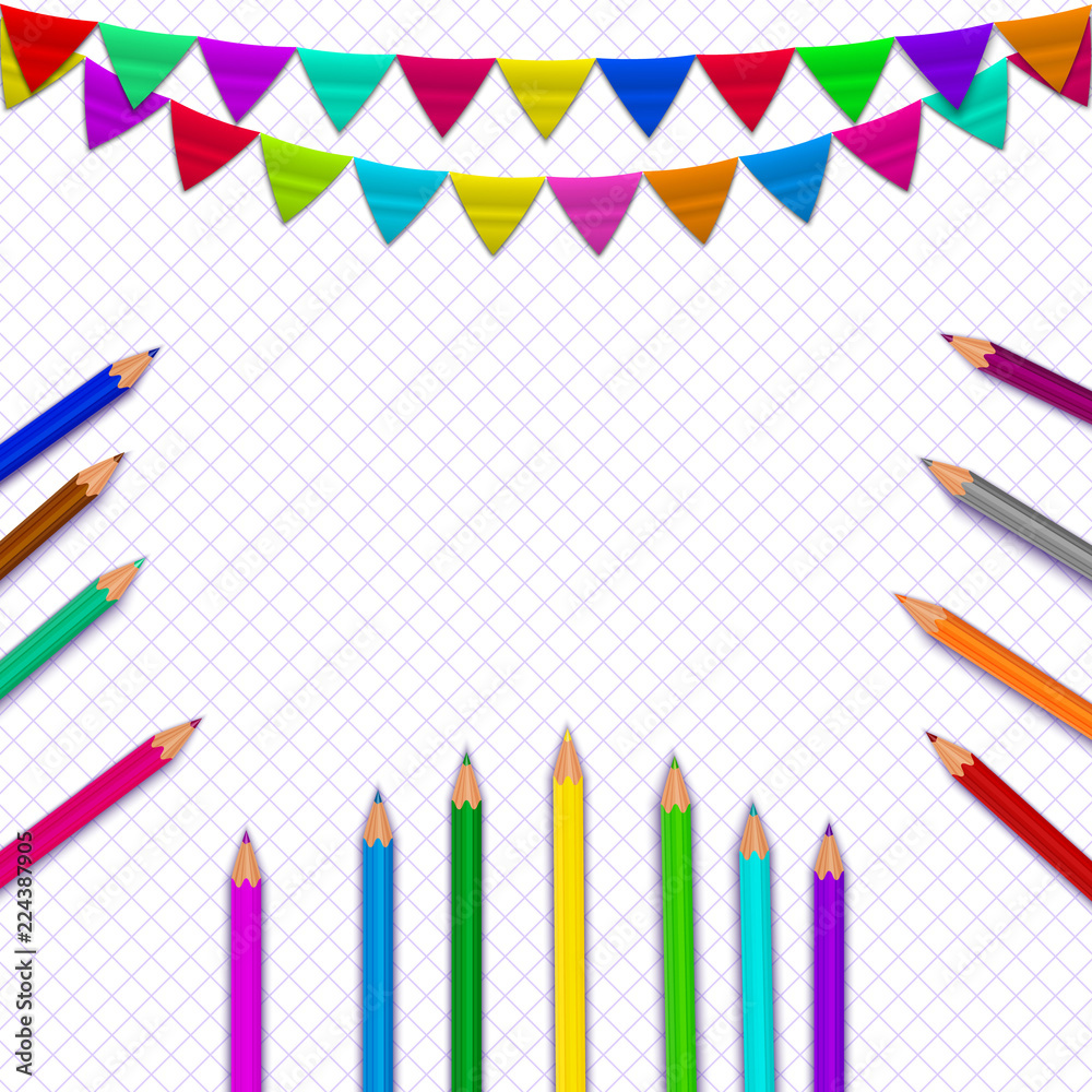 School supplies on copybook sheet background. Pencils, flags on vector backdrop. Back to school concept. School supplies on copybook sheet background. Pencils, flags on vector backdrop. Back to school concept.