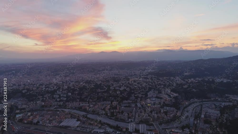 Nice France city nightligts drone sunset roze sea Nice France city nightligts drone sunset roze sea