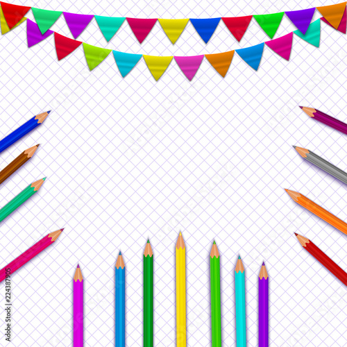 School supplies on copybook sheet background. Pencils, flags on vector backdrop. Back to school concept.
