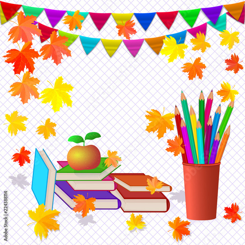 Colored pencils, colored flags on white background. Editable template for design. Vector illustration.