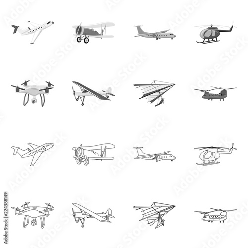 Vector illustration of plane and transport logo. Set of plane and sky stock symbol for web.