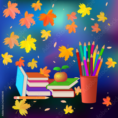 School set on autumn background. Colored pencils in red cup. Books with color cover. Red apple. Maple leaves.  Place for text. Vector illustration.