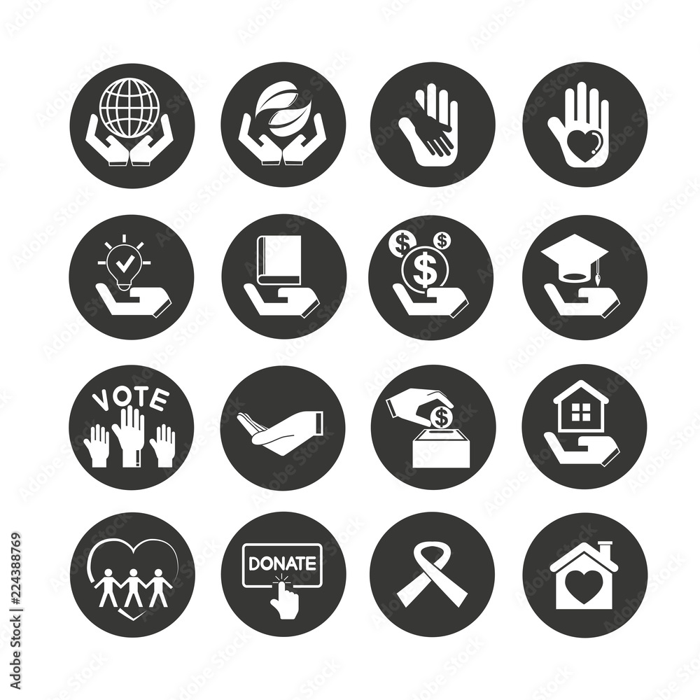 donation and charity icon set in circle buttons