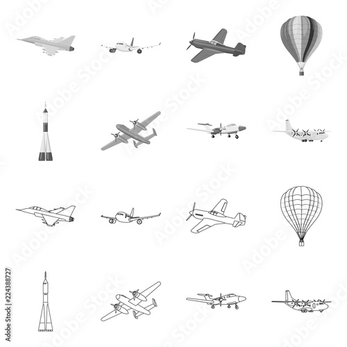 Vector illustration of plane and transport icon. Set of plane and sky stock vector illustration.