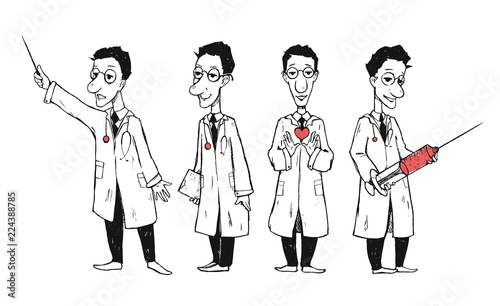 Doctor character in a variation poses on a white background. Doctor with stethoscope and syringe. Drawn illustration. Comics style.
