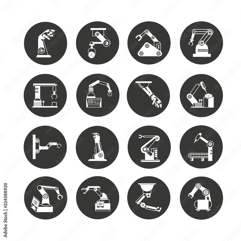 industrial robot icon set in circle buttons industrial robot icon set in circle buttons