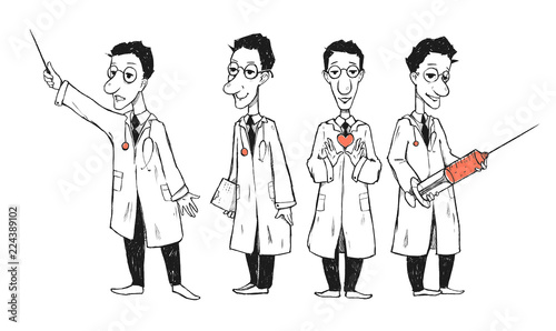 Doctor character in a variation poses on a white background. Doctor with stethoscope and syringe. Drawn illustration. Comics style.