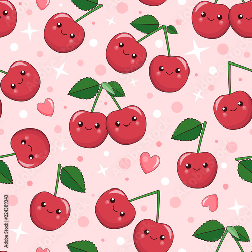 smiling cute cartoon kawaii berries of cherry, seamless background
