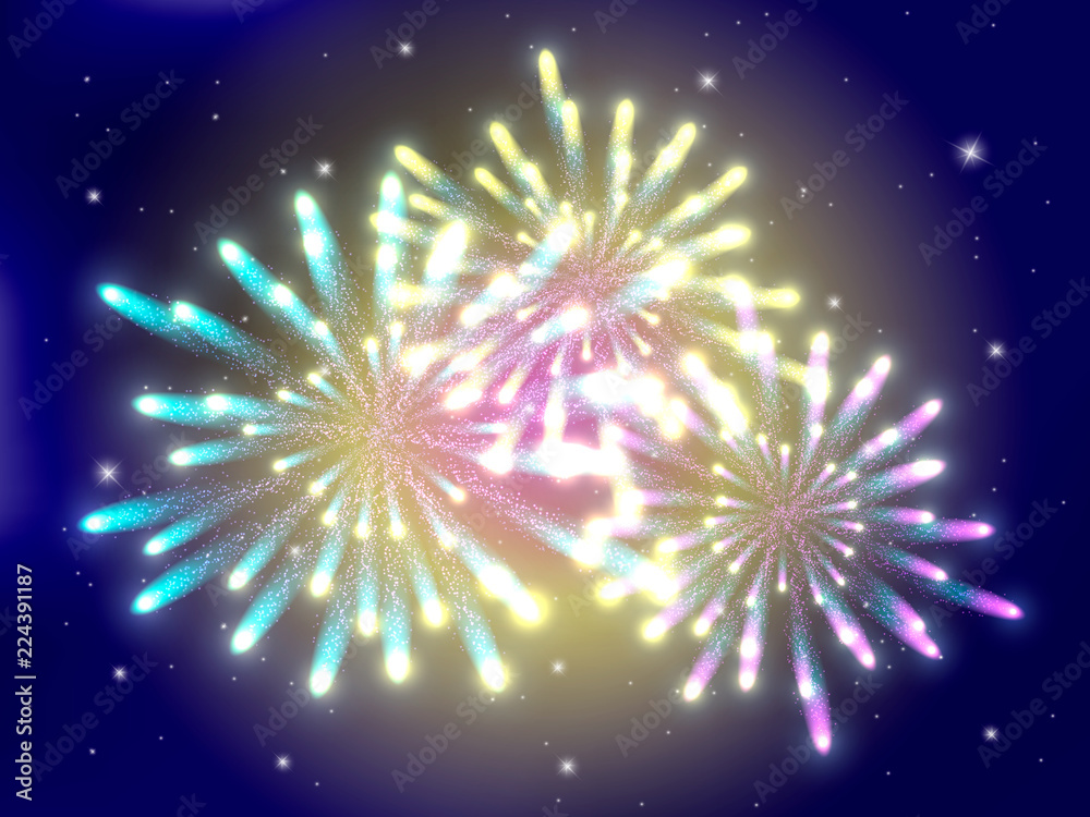 Fototapeta premium Three explosion fireworks on night sky. Vector illustration