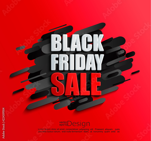 Sale banner for black friday on dynamic red background. Perfect template for flyers, discount cards, web, posters, ad, promotions, blogs and social media, marketing. Vector illustration.