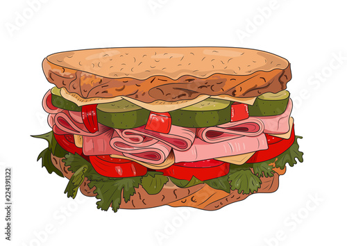 Big sandwich withham and cheese. Vector illustration.
