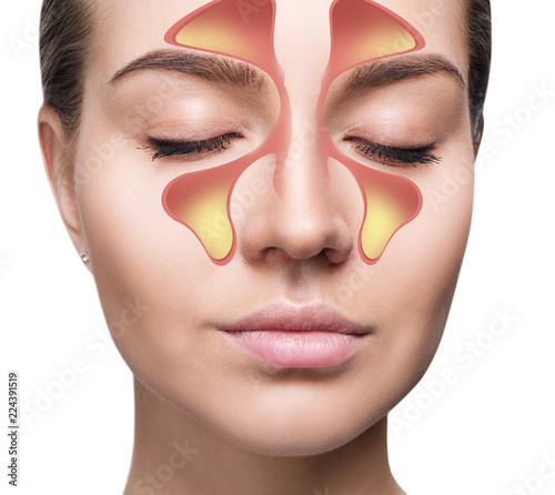 Female face shows nasal sinus with cold over white background. photo
