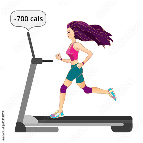 Young athletic fitness woman running on threadmill indoor. Girl jogging in gym. Flat vector illustration.