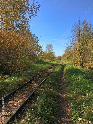 Old railway under the blue sky in autumn