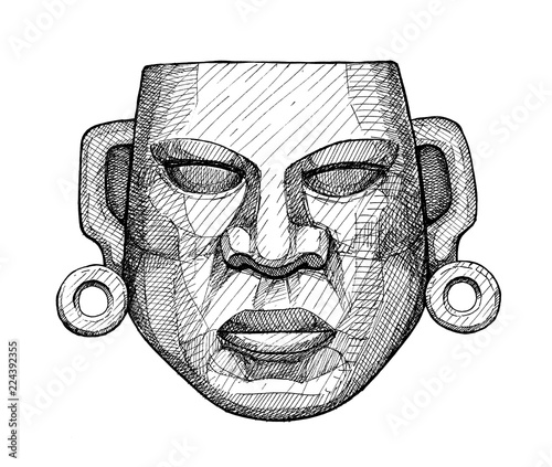 ancient jade mexican mask, vintage hand drawing
