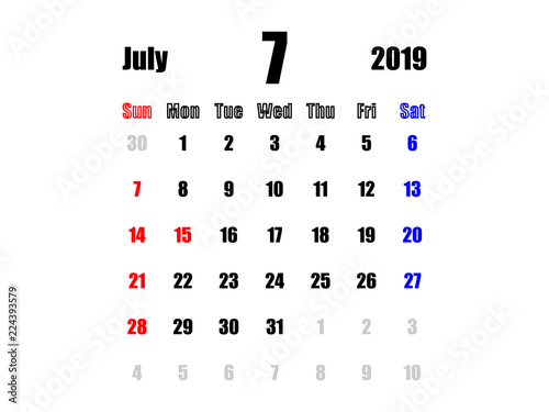 2019年7月カレンダー