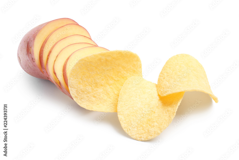 Raw potato and tasty chips on white background Raw potato and tasty chips on white background