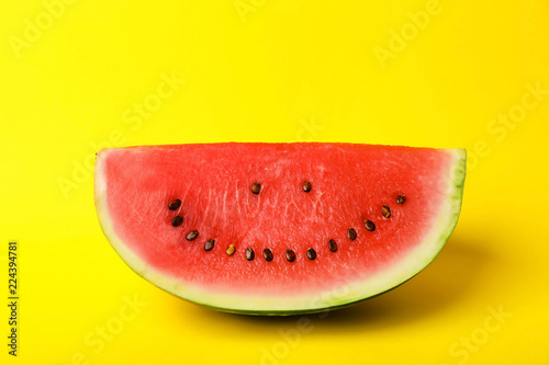 Watermelon with funny smiling face on color background