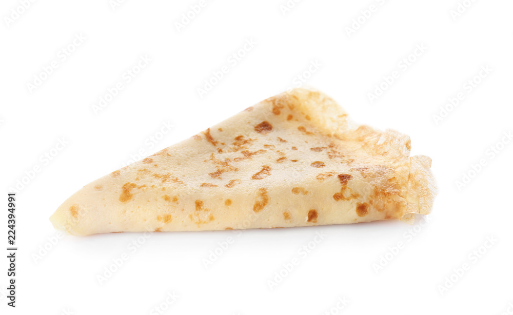 Tasty thin folded pancake on white background