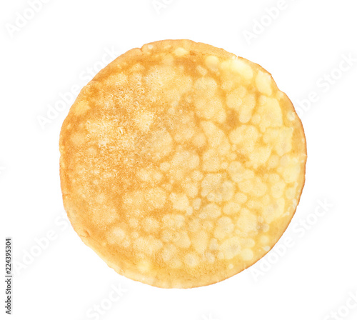 Tasty thin pancake on white background, top view