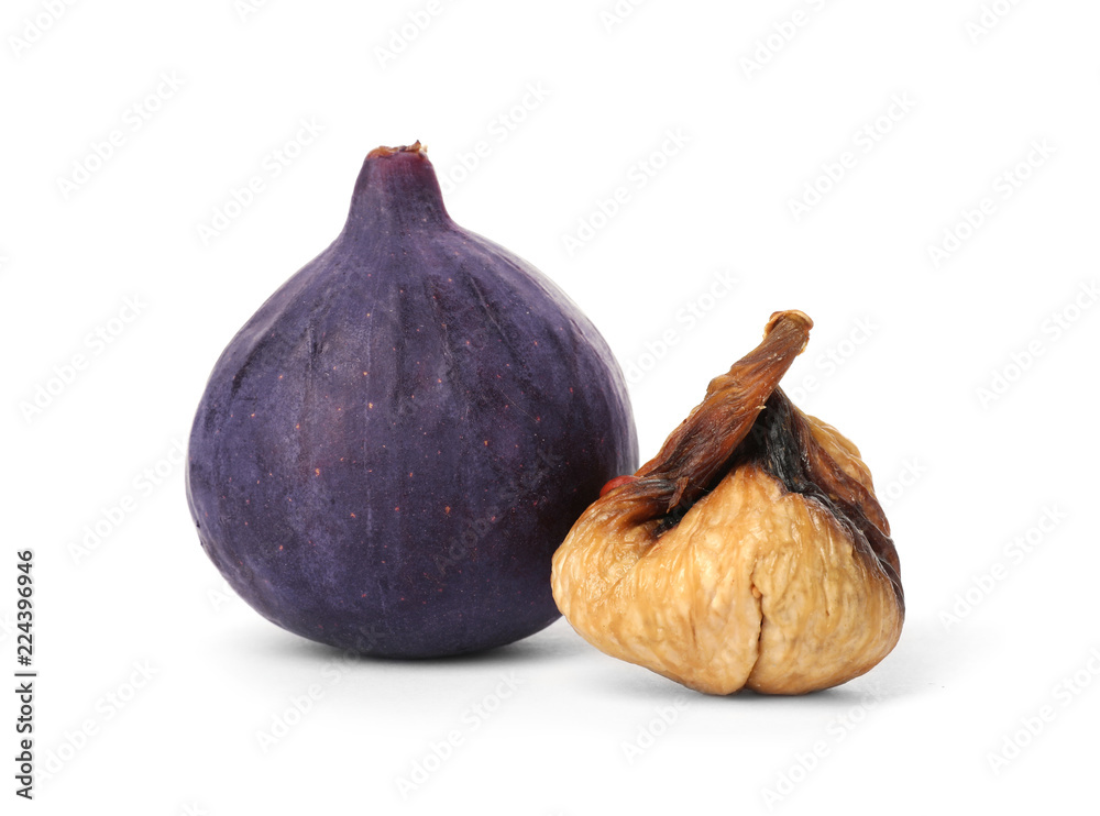 Fototapeta premium Dried and fresh figs on white background. Organic snack