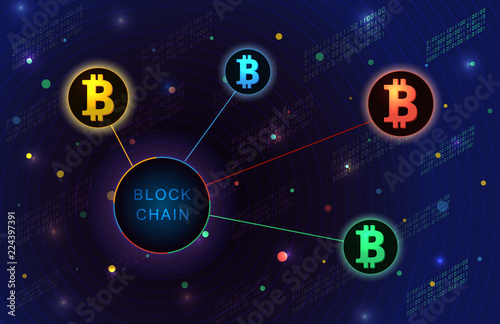 Blockchain concept banner. Circle blocks connection with each other and shapes crypto chain. Blockchain cryptocurrencies global network technology e-commerce business management. Abstract technology.