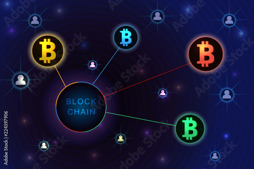 Blockchain concept banner. Circle blocks connection with each other and shapes crypto chain. Blockchain cryptocurrencies global network technology e-commerce business management. Abstract technology.