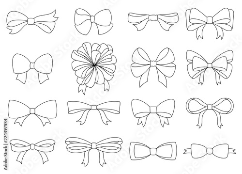 Set of decorative bow for your design. Vector bow silhouette isolated on white. Coloring book