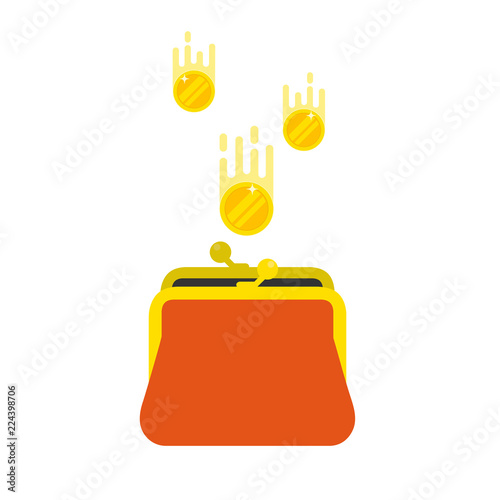 Gold coins dropping into a purse. Cashback or money refund. Saving money concept. Isolated vector illustration on white background.